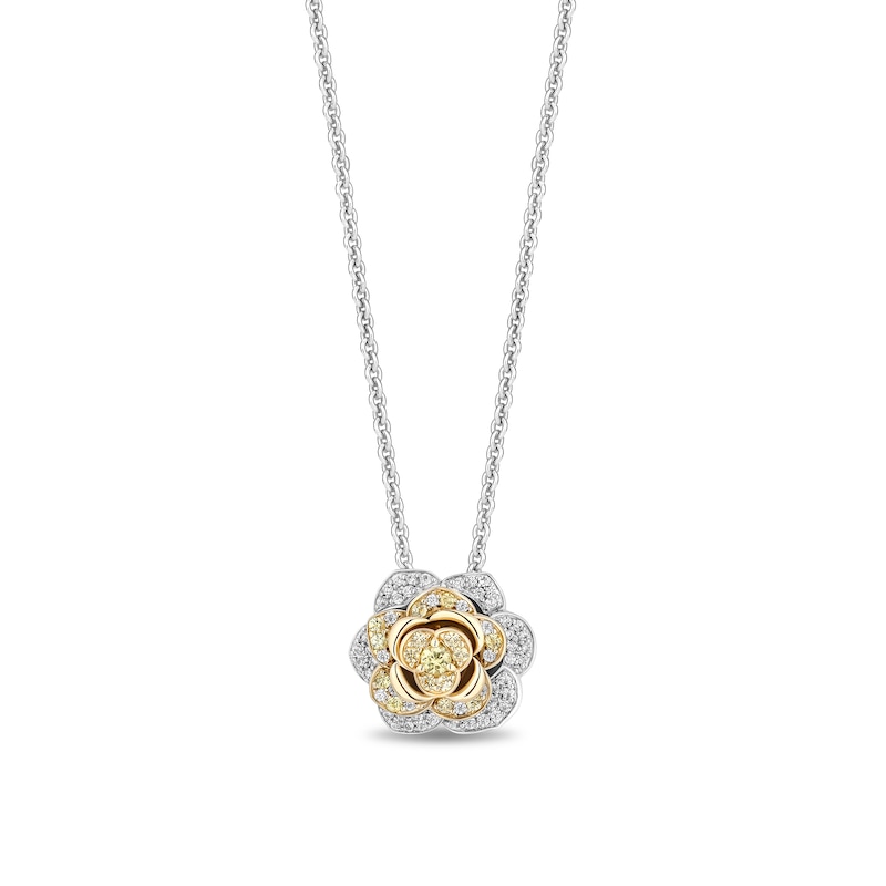 Main Image 1 of Enchanted Disney Belle Yellow Sapphire and 1/4 CT. T.W. Diamond Rose Necklace in Sterling Silver and 10K Gold - 19”
