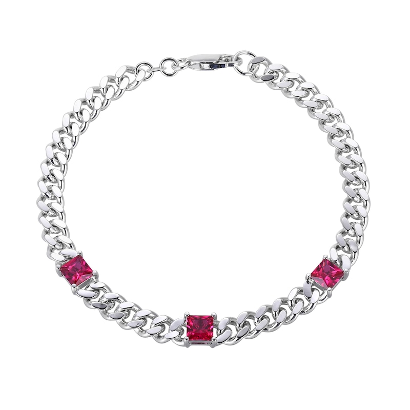 Main Image 1 of 5.0mm Princess-Cut Lab-Created Ruby Station Cuban Curb Chain Bracelet in Sterling Silver - 7.25"