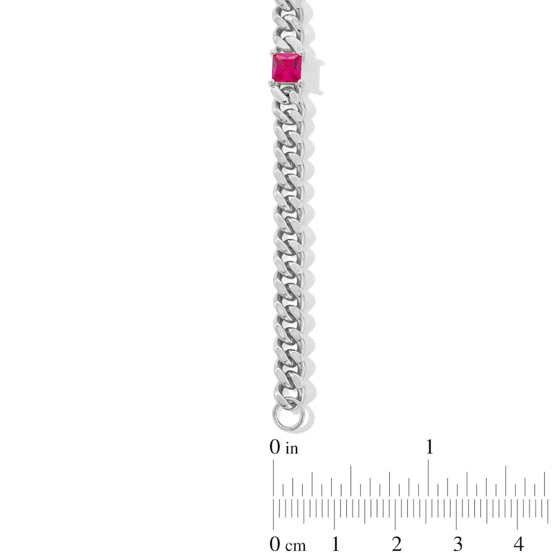 Main Image 3 of 5.0mm Princess-Cut Lab-Created Ruby Station Cuban Curb Chain Bracelet in Sterling Silver - 7.25"