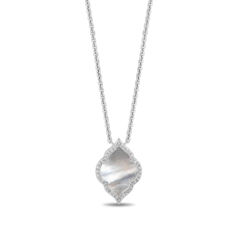Main Image 1 of Enchanted Disney Jasmine Mother-of-Pearl and 1/8 CT. T.W. Diamond Quatrefoil Frame Necklace in Sterling Silver