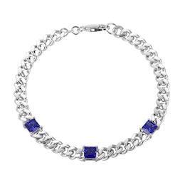 5.0mm Princess-Cut Blue Lab-Created Sapphire Station Cuban Curb Chain Bracelet in Sterling Silver - 7.25"