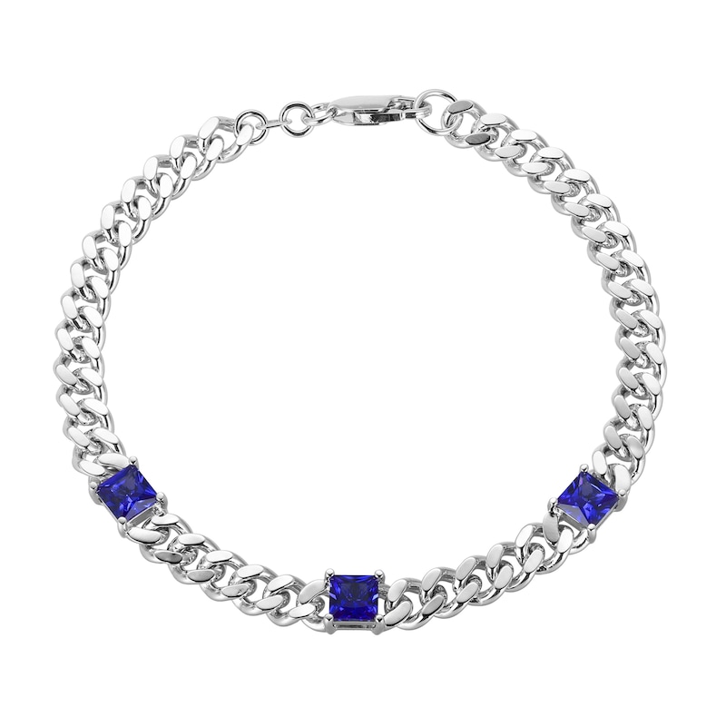 Main Image 1 of 5.0mm Princess-Cut Blue Lab-Created Sapphire Station Cuban Curb Chain Bracelet in Sterling Silver - 7.25"