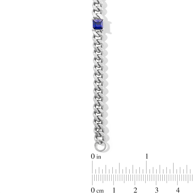 Main Image 3 of 5.0mm Princess-Cut Blue Lab-Created Sapphire Station Cuban Curb Chain Bracelet in Sterling Silver - 7.25"