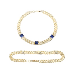 Princess-Cut Blue Lab-Created Sapphire Station Cuban Curb Chain Bracelet in Sterling Silver with 18K Gold Plate - 7.25"