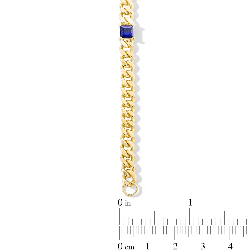 Main Image 3 of Princess-Cut Blue Lab-Created Sapphire Station Cuban Curb Chain Bracelet in Sterling Silver with 18K Gold Plate - 7.25"