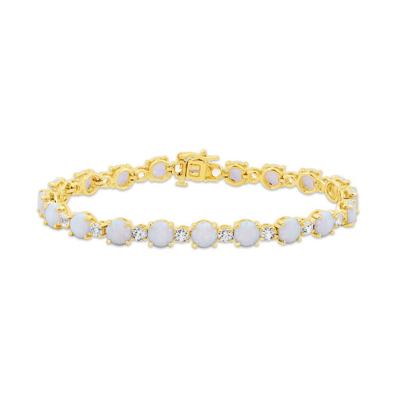 Main Image 1 of Lab-Created Opal and White Lab-Created Sapphire Alternating Bracelet in Sterling Silver with 24K Gold Plate - 7.5"