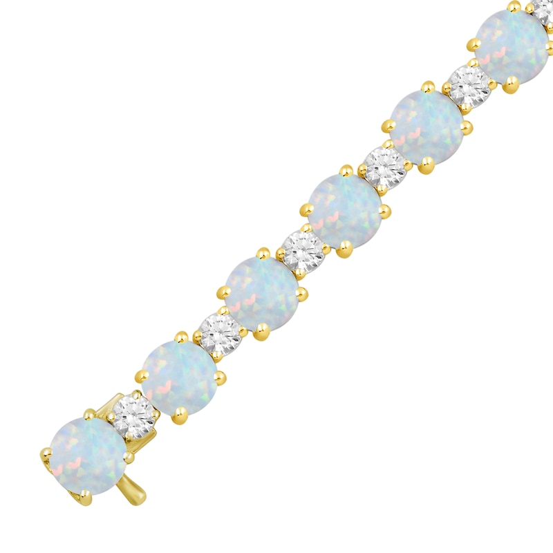 Main Image 2 of Lab-Created Opal and White Lab-Created Sapphire Alternating Bracelet in Sterling Silver with 24K Gold Plate - 7.5"