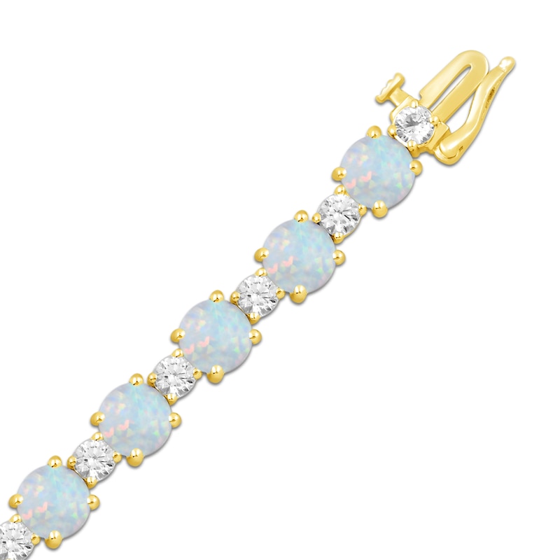 Main Image 3 of Lab-Created Opal and White Lab-Created Sapphire Alternating Bracelet in Sterling Silver with 24K Gold Plate - 7.5"