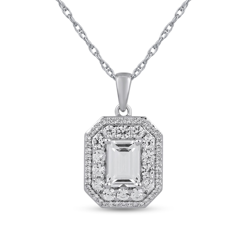 Main Image 1 of Emerald-Cut White Lab-Created Sapphire Double Octagon Frame Pendant in Sterling Silver