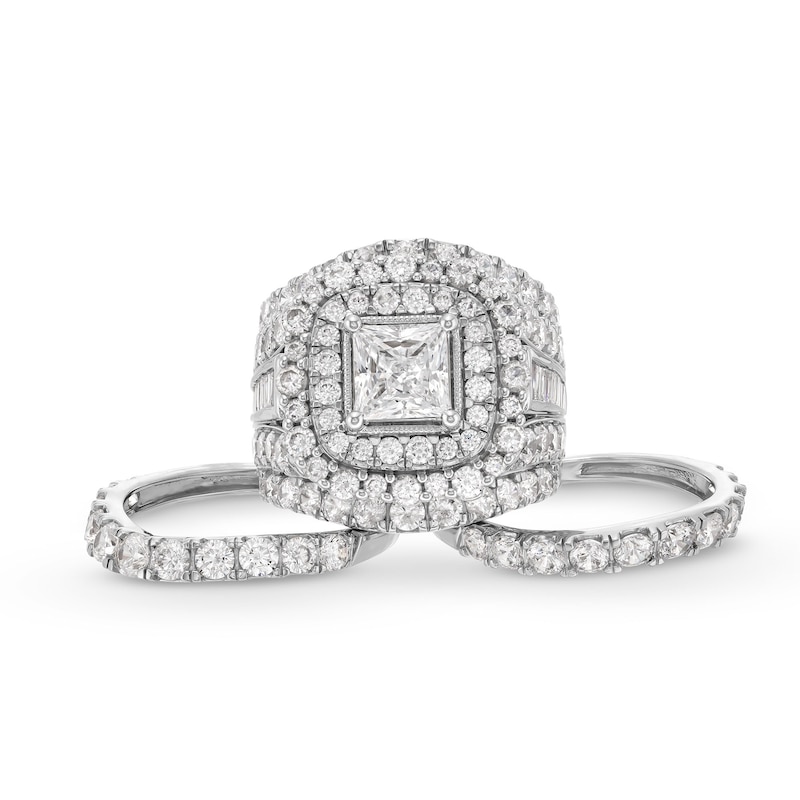 Main Image 3 of 7 CT. T.W. Princess-Cut Certified Lab-Grown Diamond Double Cushion Frame Multi-Row Bridal Set in 14K White Gold