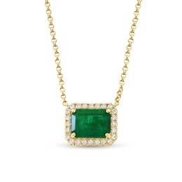 EFFY™ Collection Sideways Emerald-Cut Emerald and 1/8 CT. T.W. Diamond Frame Necklace in 14K Gold