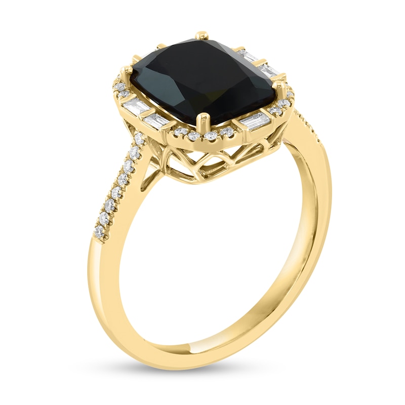 Main Image 3 of EFFY™ Collection Cushion-Cut Onyx with 1/4 CT. T.W. Baguette and Round Diamond Frame Ring in 14K Gold