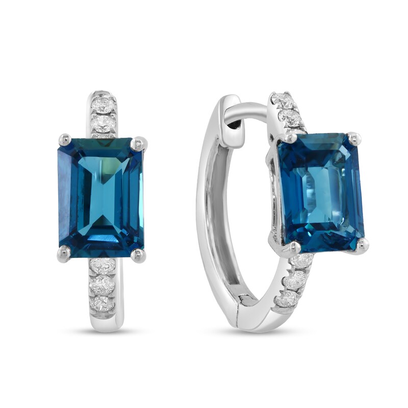 Main Image 1 of EFFY™ Collection Emerald-Cut London Blue Topaz and 1/6 CT. T.W. Diamond Hoop Earrings in 14K White Gold