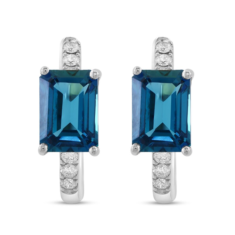 Main Image 2 of EFFY™ Collection Emerald-Cut London Blue Topaz and 1/6 CT. T.W. Diamond Hoop Earrings in 14K White Gold