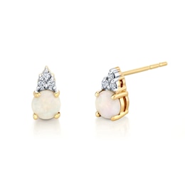 4.0mm Opal and 1/20 CT. T.W. Diamond Tri-Top Stud Earrings in 14K Gold