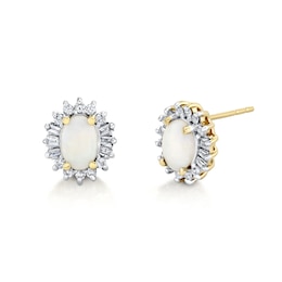 Oval Opal and 1/4 CT. T.W. Diamond Alternating Sunburst Frame Stud Earrings in 10K Gold