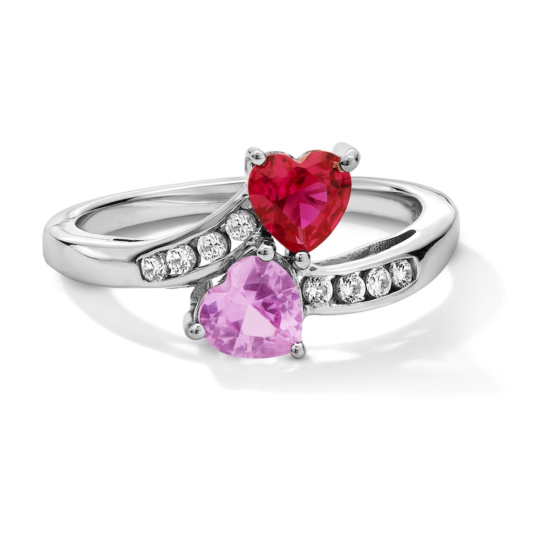 Main Image 1 of Heart-Shaped Lab-Created Ruby with Pink and White Lab-Created Sapphire Toi et Moi Bypass Shank Ring in Sterling Silver