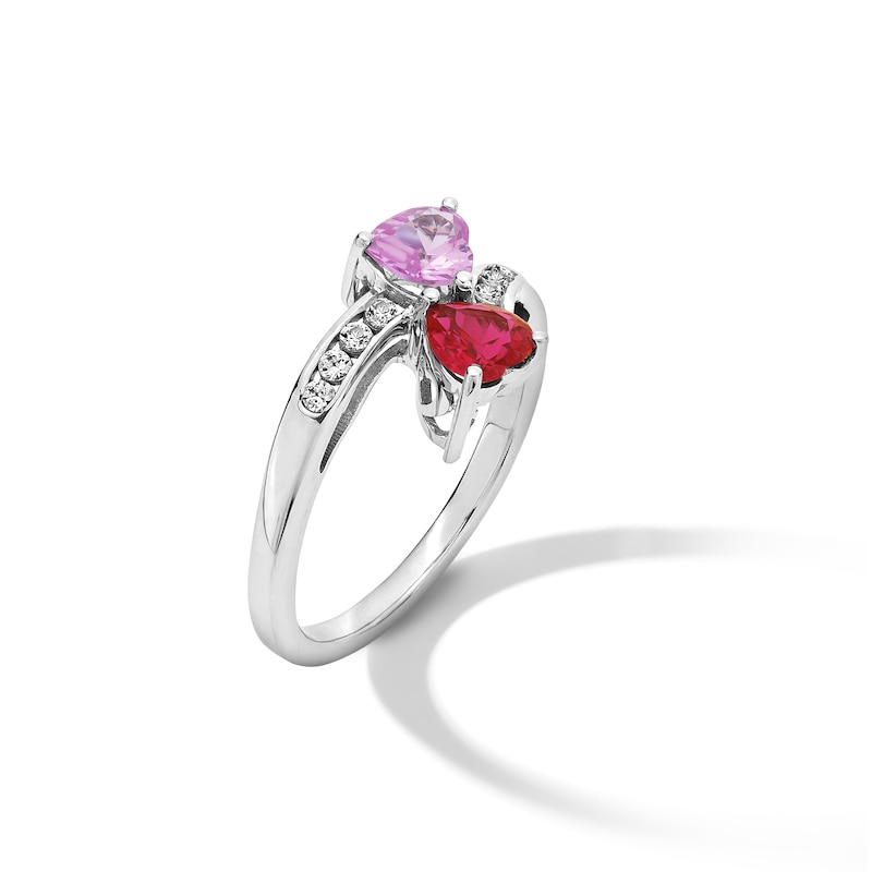 Main Image 2 of Heart-Shaped Lab-Created Ruby with Pink and White Lab-Created Sapphire Toi et Moi Bypass Shank Ring in Sterling Silver