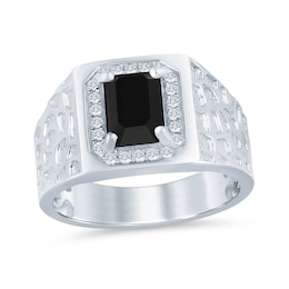 Men’s Emerald-Cut Onyx and 1/5 CT. T.W. Diamond Frame Nugget Ring in 10K White Gold - Size 10