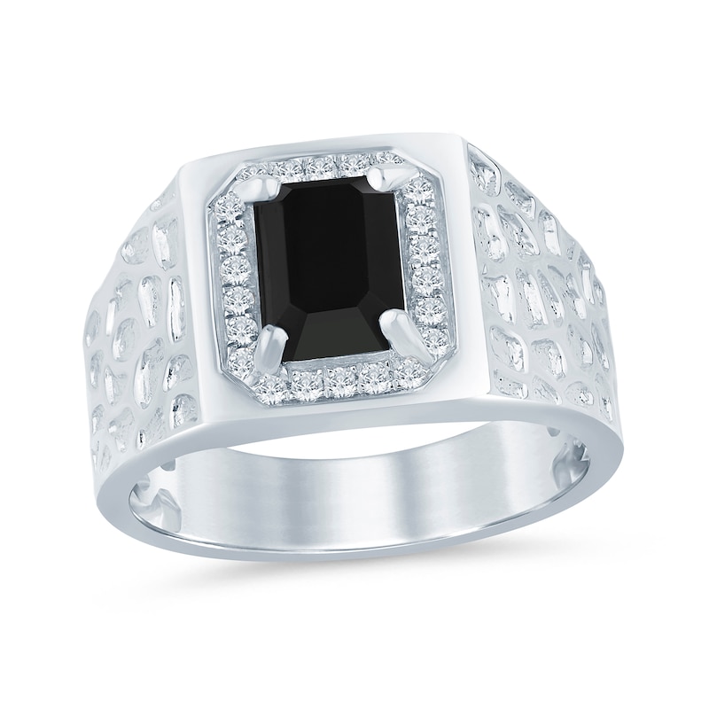 Main Image 1 of Men’s Emerald-Cut Onyx and 1/5 CT. T.W. Diamond Frame Nugget Ring in 10K White Gold - Size 10