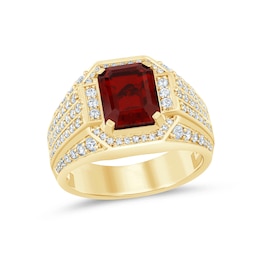 Men’s Emerald-Cut Lab-Created Ruby and 1 CT. T.W Certified Lab-Grown Diamond Multi-Row Shank Ring in 10K Gold
