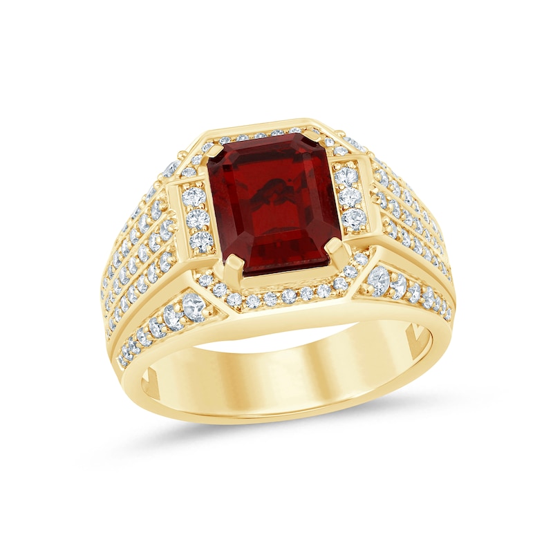 Main Image 1 of Men’s Emerald-Cut Lab-Created Ruby and 1 CT. T.W Certified Lab-Grown Diamond Multi-Row Shank Ring in 10K Gold