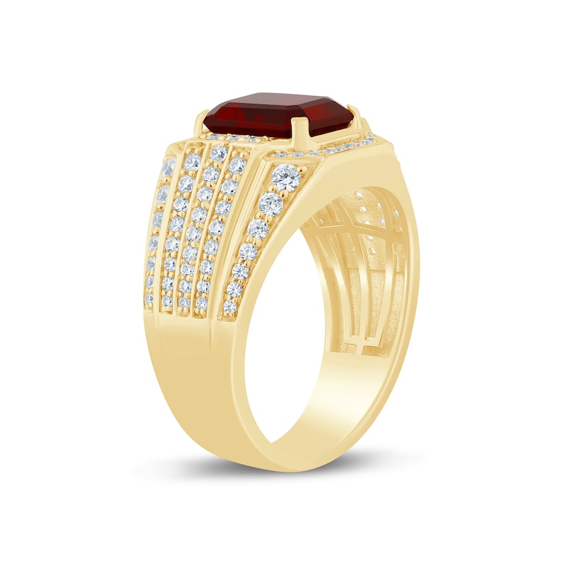 Main Image 2 of Men’s Emerald-Cut Lab-Created Ruby and 1 CT. T.W Certified Lab-Grown Diamond Multi-Row Shank Ring in 10K Gold