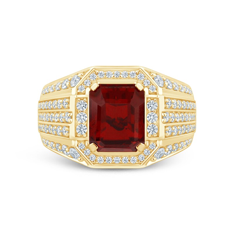 Main Image 3 of Men’s Emerald-Cut Lab-Created Ruby and 1 CT. T.W Certified Lab-Grown Diamond Multi-Row Shank Ring in 10K Gold