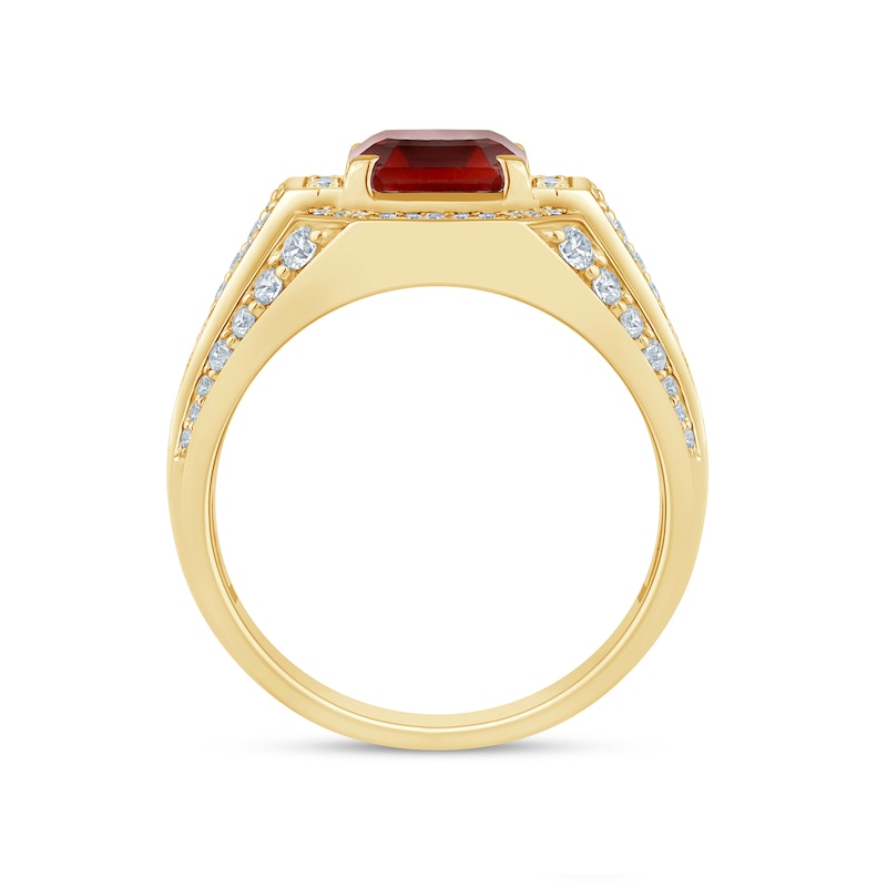 Main Image 4 of Men’s Emerald-Cut Lab-Created Ruby and 1 CT. T.W Certified Lab-Grown Diamond Multi-Row Shank Ring in 10K Gold