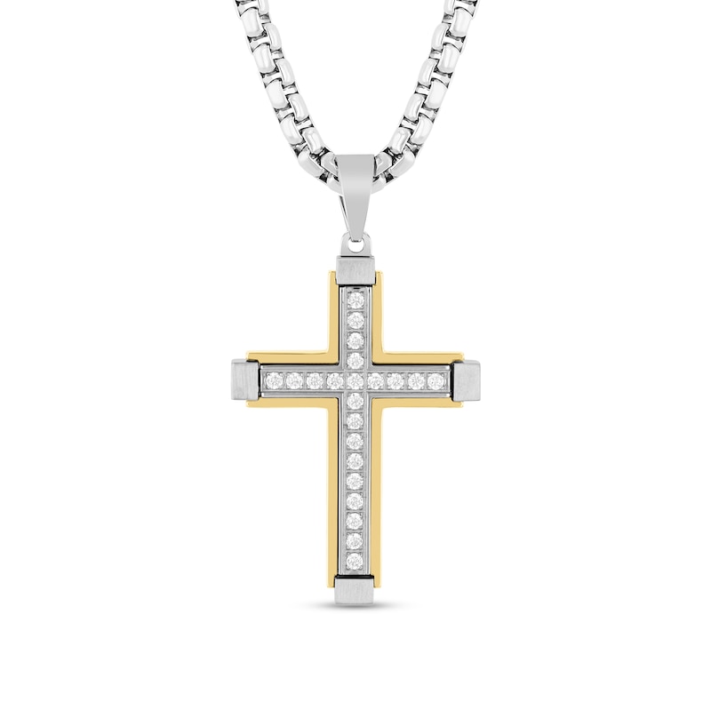 Main Image 1 of 1/2 CT. T.W. Diamond Cross Pendant in Stainless Steel and Yellow Ion Plate - 24"