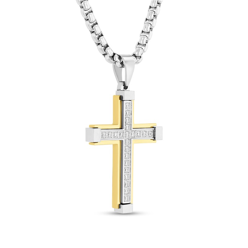 Main Image 2 of 1/2 CT. T.W. Diamond Cross Pendant in Stainless Steel and Yellow Ion Plate - 24"