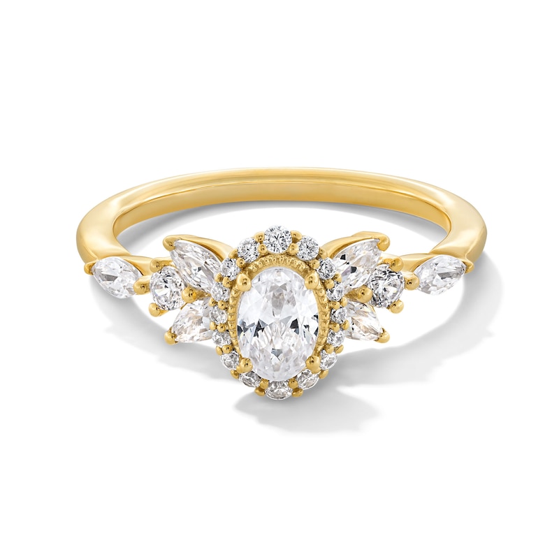 Main Image 1 of 1 CT. T.W. Oval Diamond Frame Leaf-Sides Vintage-Style Engagement Ring in 14K Gold