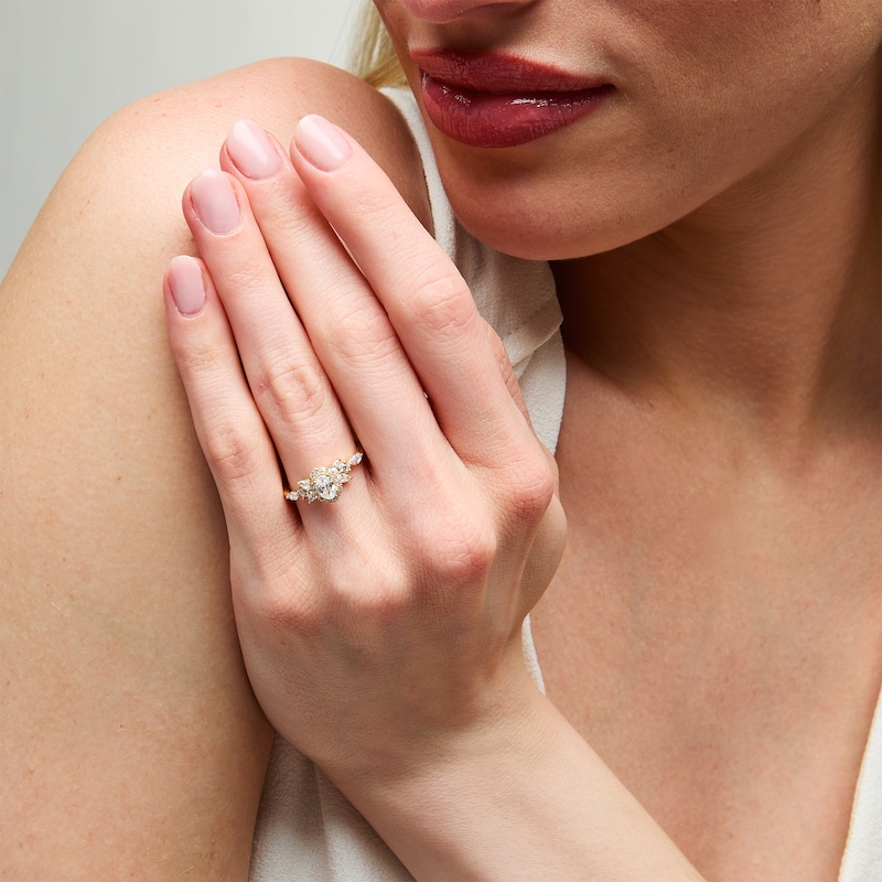 Main Image 2 of 1 CT. T.W. Oval Diamond Frame Leaf-Sides Vintage-Style Engagement Ring in 14K Gold
