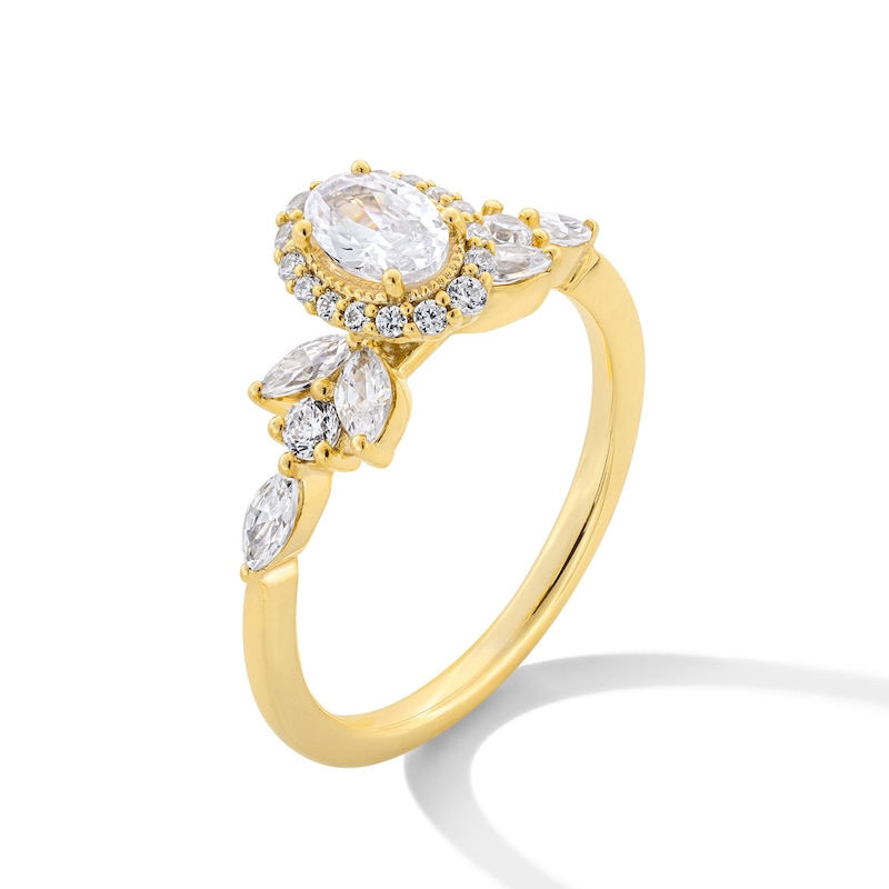Main Image 3 of 1 CT. T.W. Oval Diamond Frame Leaf-Sides Vintage-Style Engagement Ring in 14K Gold