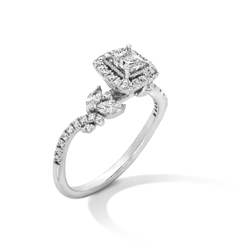 Main Image 3 of 1 CT. T.W. Princess-Cut Diamond Frame Bypass Leaf Shank Engagement Ring in 14K White Gold