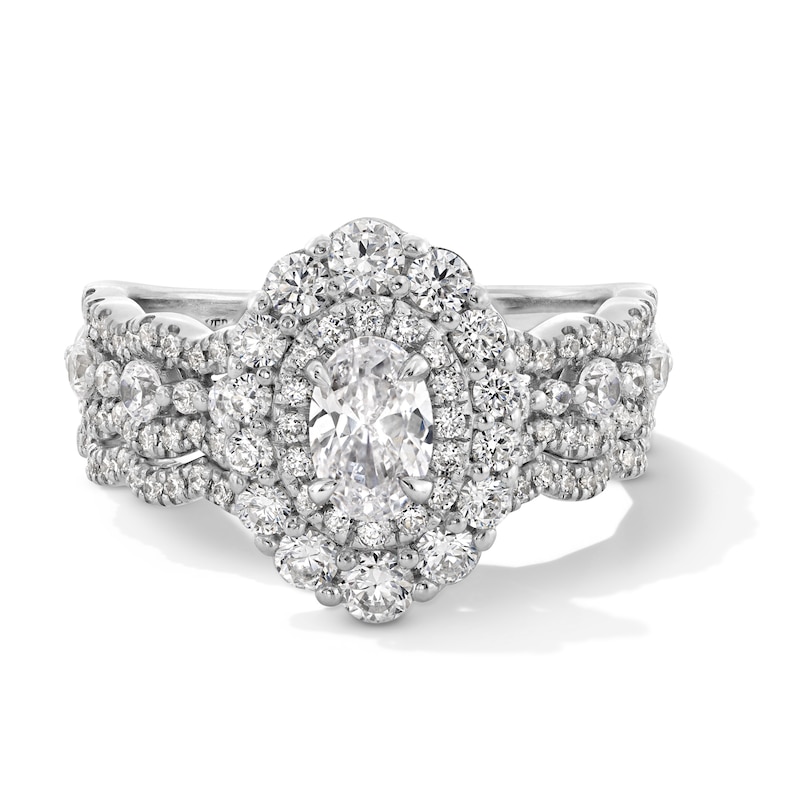 Main Image 1 of Vera Wang Love Collection 1-1/2 CT. T.W. Oval Diamond Double Frame Scallop Shank Bridal Set in 14K White Gold