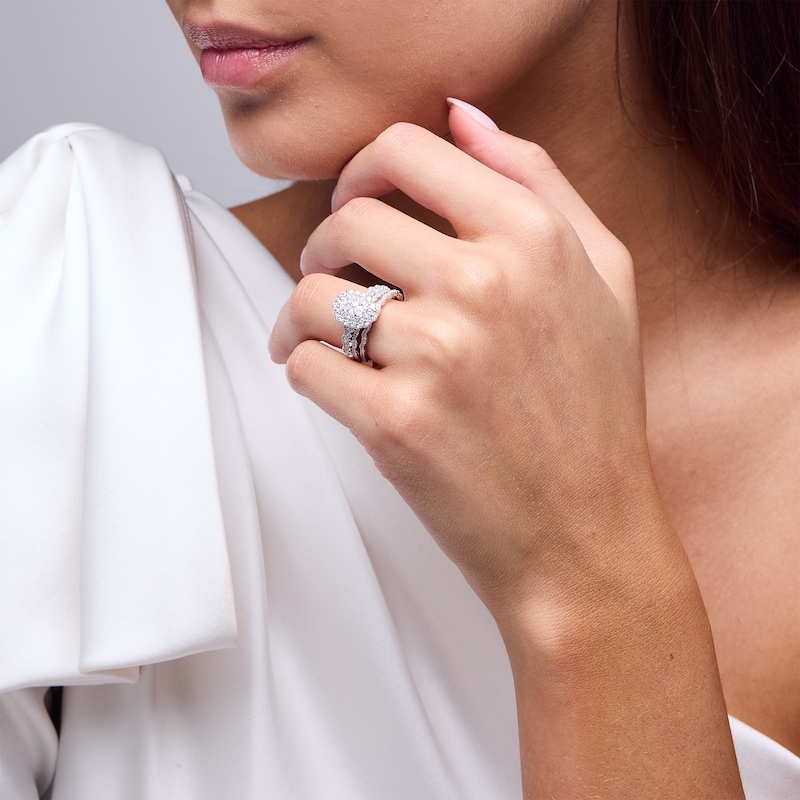 Main Image 2 of Vera Wang Love Collection 1-1/2 CT. T.W. Oval Diamond Double Frame Scallop Shank Bridal Set in 14K White Gold