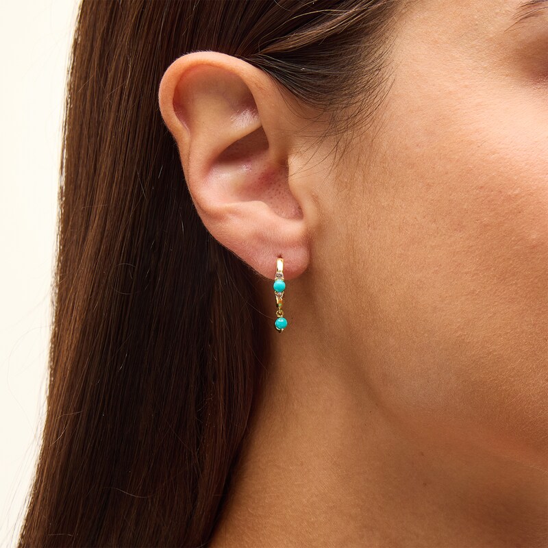 Main Image 2 of Turquoise and White Lab-Created Sapphire Dangle Hoop Earrings in Sterling Silver with 18K Gold Plate