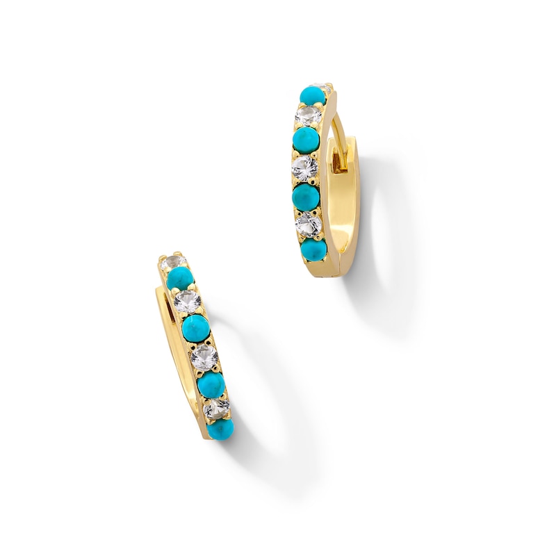 Main Image 1 of Turquoise and White Lab-Created Sapphire Alternating Hoop Earrings in Sterling Silver with 18K Gold Plate