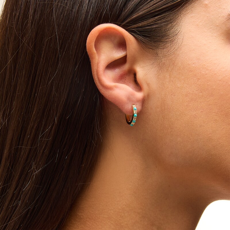 Main Image 2 of Turquoise and White Lab-Created Sapphire Alternating Hoop Earrings in Sterling Silver with 18K Gold Plate