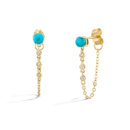 Turquoise and White Lab-Created Sapphire Chain Drop Front/Back Earrings in Sterling Silver with 18K Gold Plate
