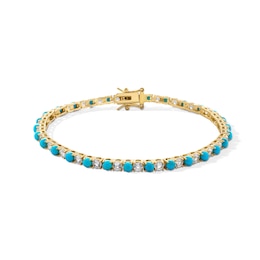 Turquoise and White Lab-Created Sapphire Alternating Line Bracelet in Sterling Silver with 18K Gold Plate - 7.25"