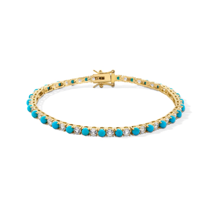 Main Image 1 of Turquoise and White Lab-Created Sapphire Alternating Line Bracelet in Sterling Silver with 18K Gold Plate - 7.25"