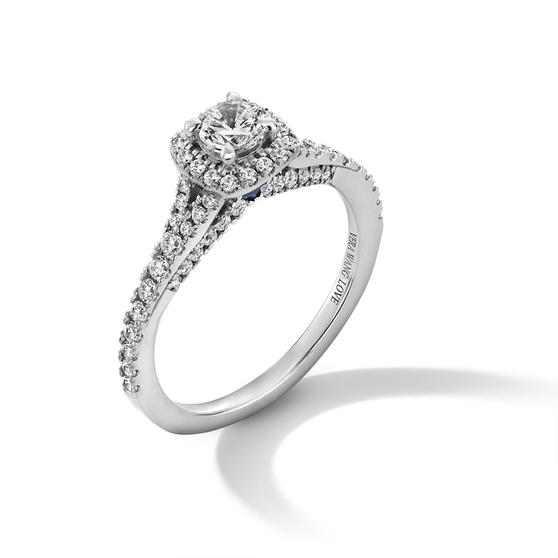 Main Image 3 of Vera Wang Love Collection 7/8 CT. T.W. Diamond Cushion Frame Split Shank Engagement Ring in 14K White Gold