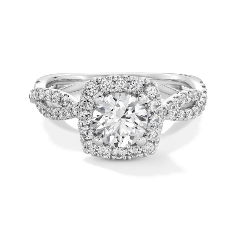 Main Image 1 of 1-1/2 CT. T.W. Certified Lab-Grown Diamond Cushion Frame Twist Shank Engagement Ring in 14K White Gold (F/SI2)