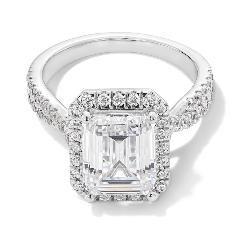 Main Image 1 of 4-3/4 CT. T.W. Emerald-Cut Certified Lab-Grown Diamond Frame Twist Shank Engagement Ring in 14K White Gold (F/VS2)