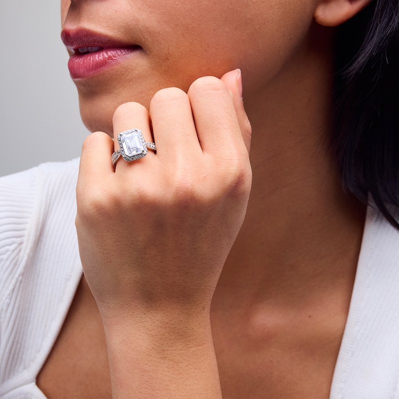Main Image 2 of 4-3/4 CT. T.W. Emerald-Cut Certified Lab-Grown Diamond Frame Twist Shank Engagement Ring in 14K White Gold (F/VS2)