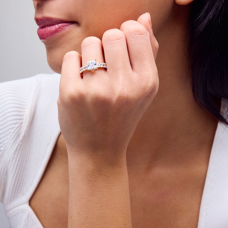 Main Image 2 of 3 CT. T.W. Princess and Emerald-Cut Certified Lab-Grown Diamond Engagement Ring in 14K Gold (F/VS2)