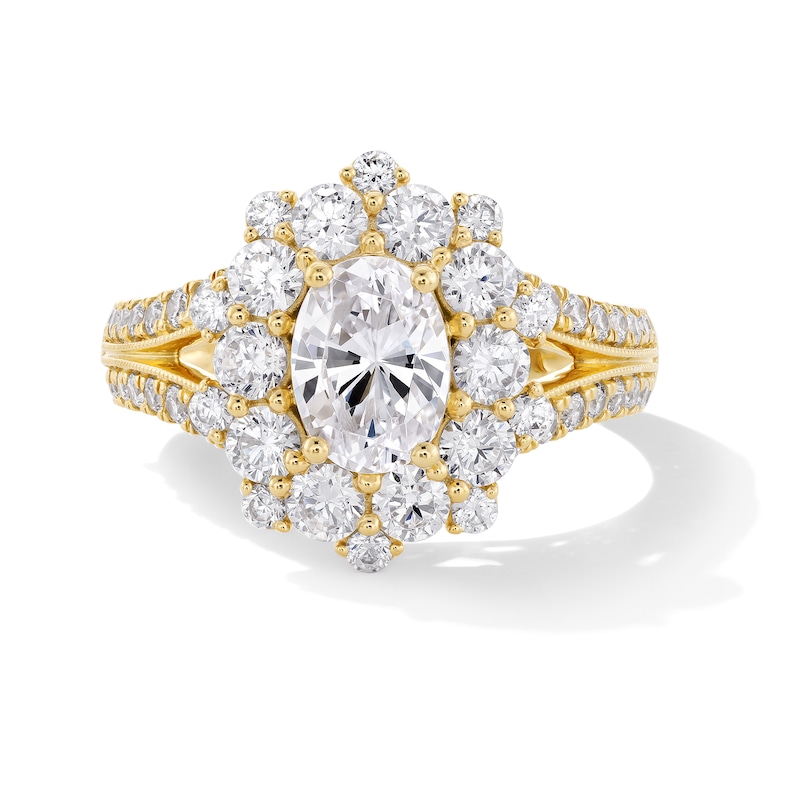 Main Image 1 of 2-1/2 CT. T.W. Oval and Round Certified Lab-Grown Diamond Frame Split Shank Engagement Ring in 14K Gold (F/VS2)