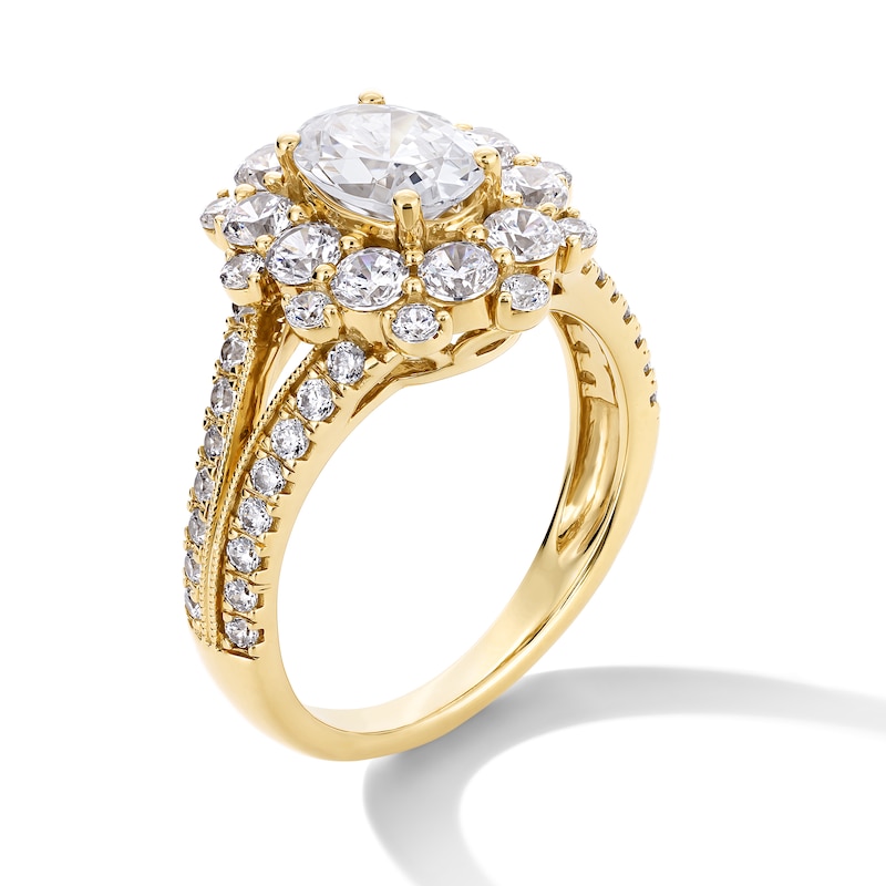 Main Image 3 of 2-1/2 CT. T.W. Oval and Round Certified Lab-Grown Diamond Frame Split Shank Engagement Ring in 14K Gold (F/VS2)